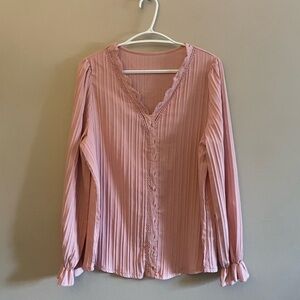 Pink Pleated Blouse w Lace Trim & Flouncy Sleeves – Size Large NWoT